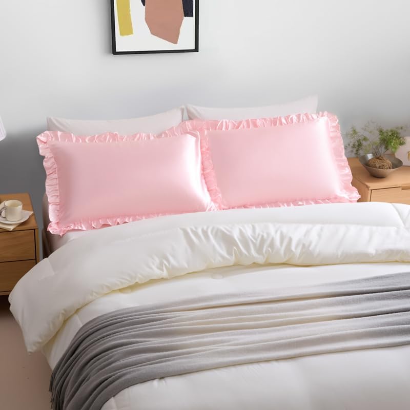 Ruffle Satin Pillowcase Standard Size Set of 2,Imitate Silk Pillow Cases for Hair and  with Envelope Ruffle Closure,Farmhouse Pillow Shams Room Decorative  for Women(20"x26")