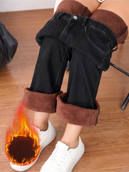 Women's Fleece Lined Thick Denim Flare Pants, Elegant Fall & Winter Fashion, Warm Woven Fabric, Plain Pattern, Versatile Style