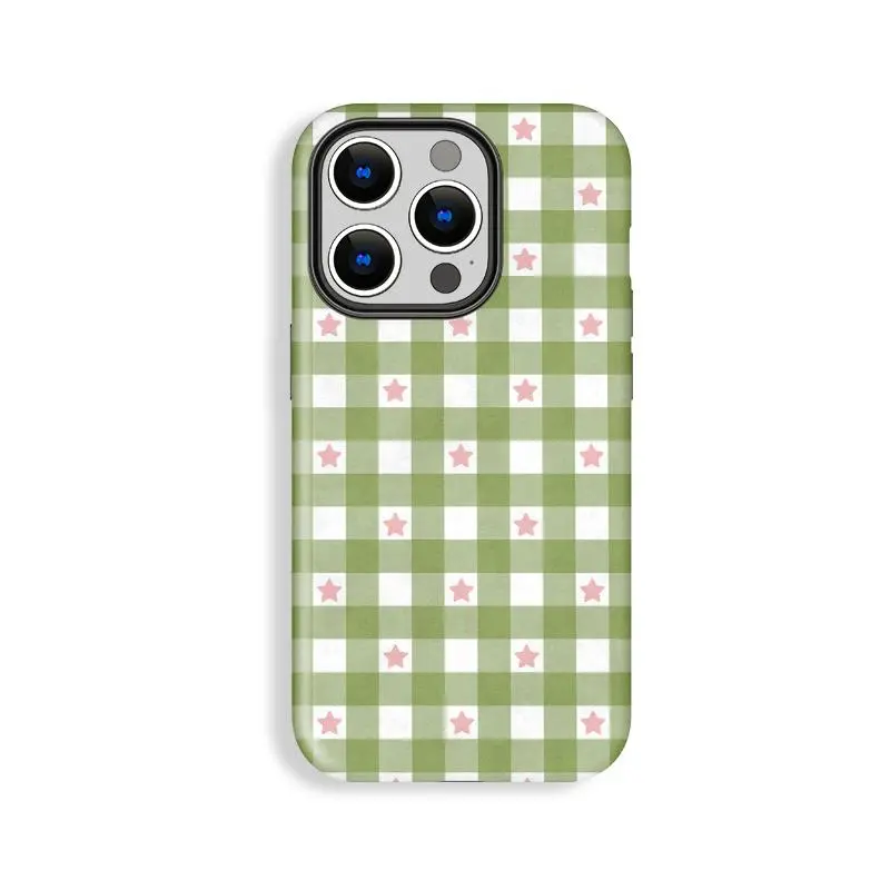 Polycarbonate Durable Shockproof Smartphone Case - Blush Pink Star, Ultra Green with White Stripe Checkered Shell, Camera-Protective Cover for iPhone 11/12/13/14/15/16/17 Pro, ProMax, Plus, Cellphone Handheld Devices, Precise Cutouts