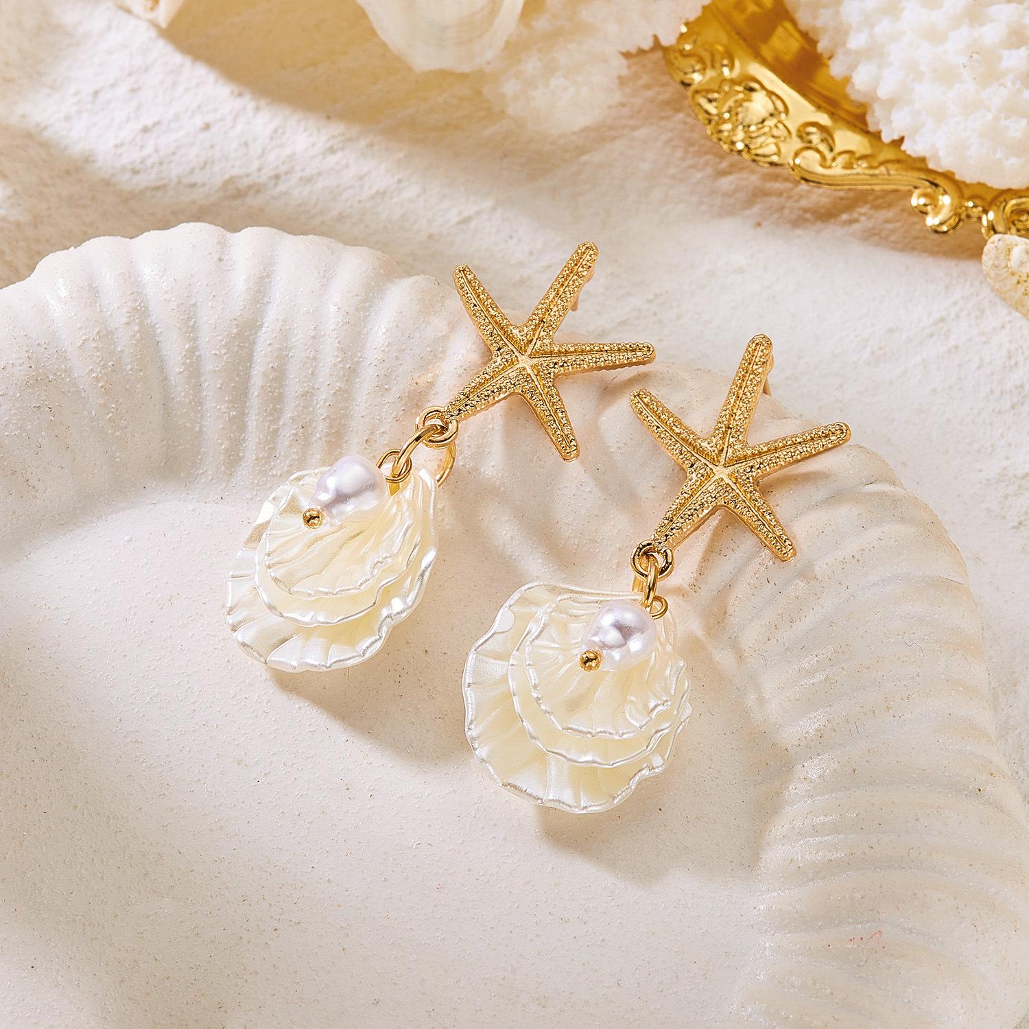 Stylish Beach Vacation Inspired Starfish Pearl and Seashell Dangle Earrings for Women Trendy Summer Resort Jewelry Gift
