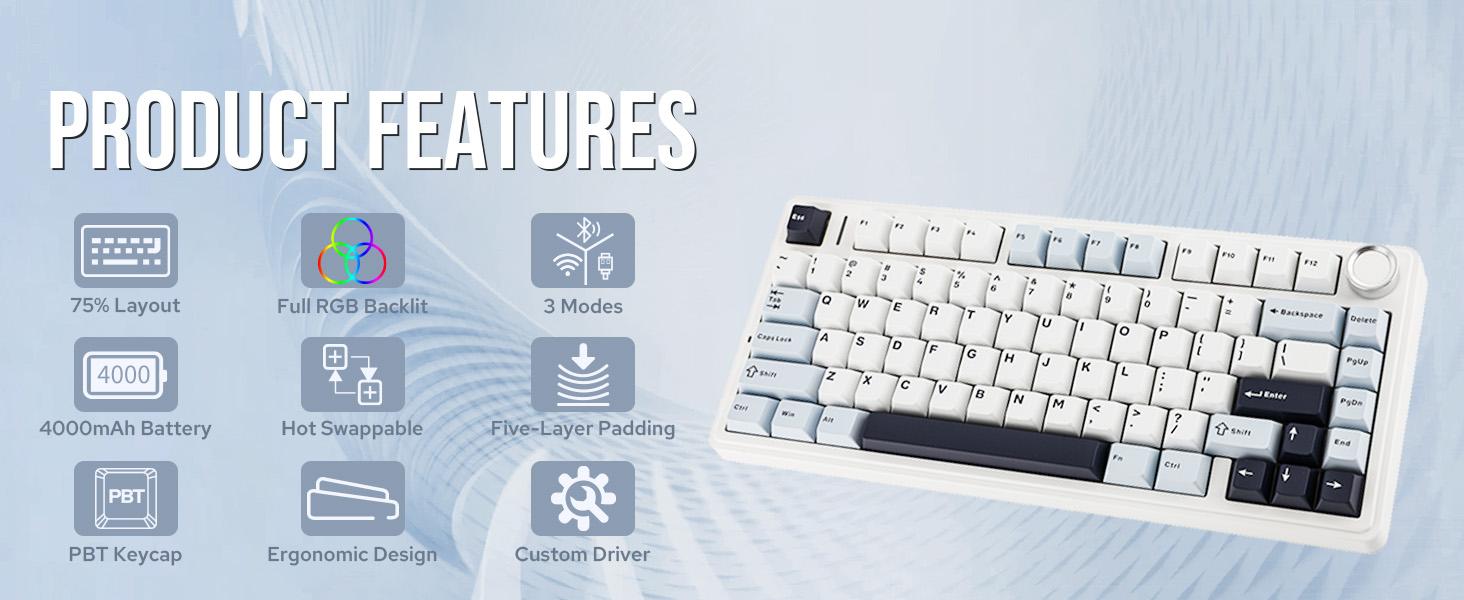 【Flash sale】Aula F75 Gasket Mechanical Keyboard, 75% Wireless Hot Swappable Gaming Keyboard with Five-Layer Padding&Knob, Bluetooth/2.4GHz/USB-C, RGB