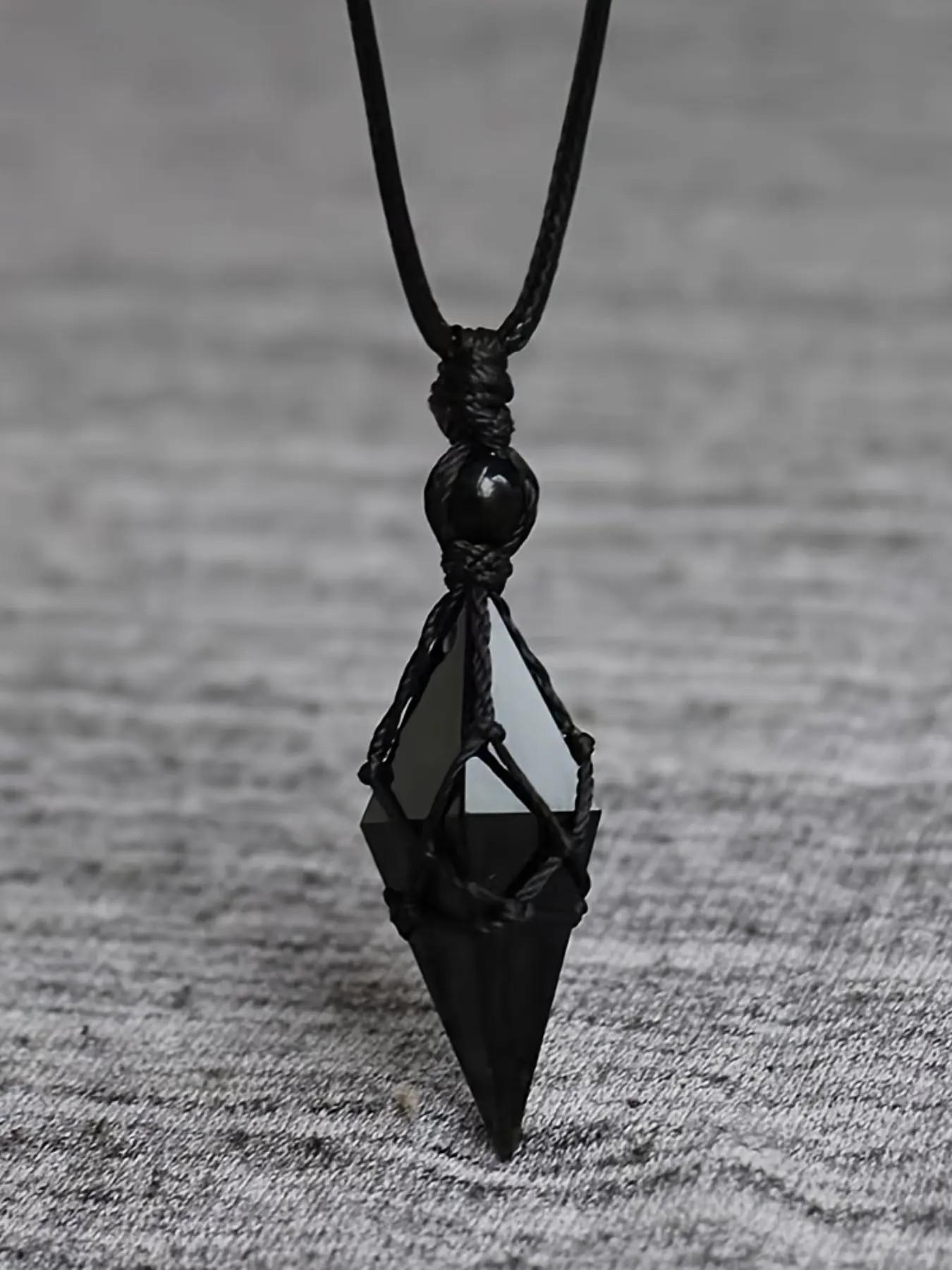 Bohemian Natural Obsidian Pendant Necklace, Unisex Adjustable Length, Handmade Jewelry, Exquisite Gift for All Occasions