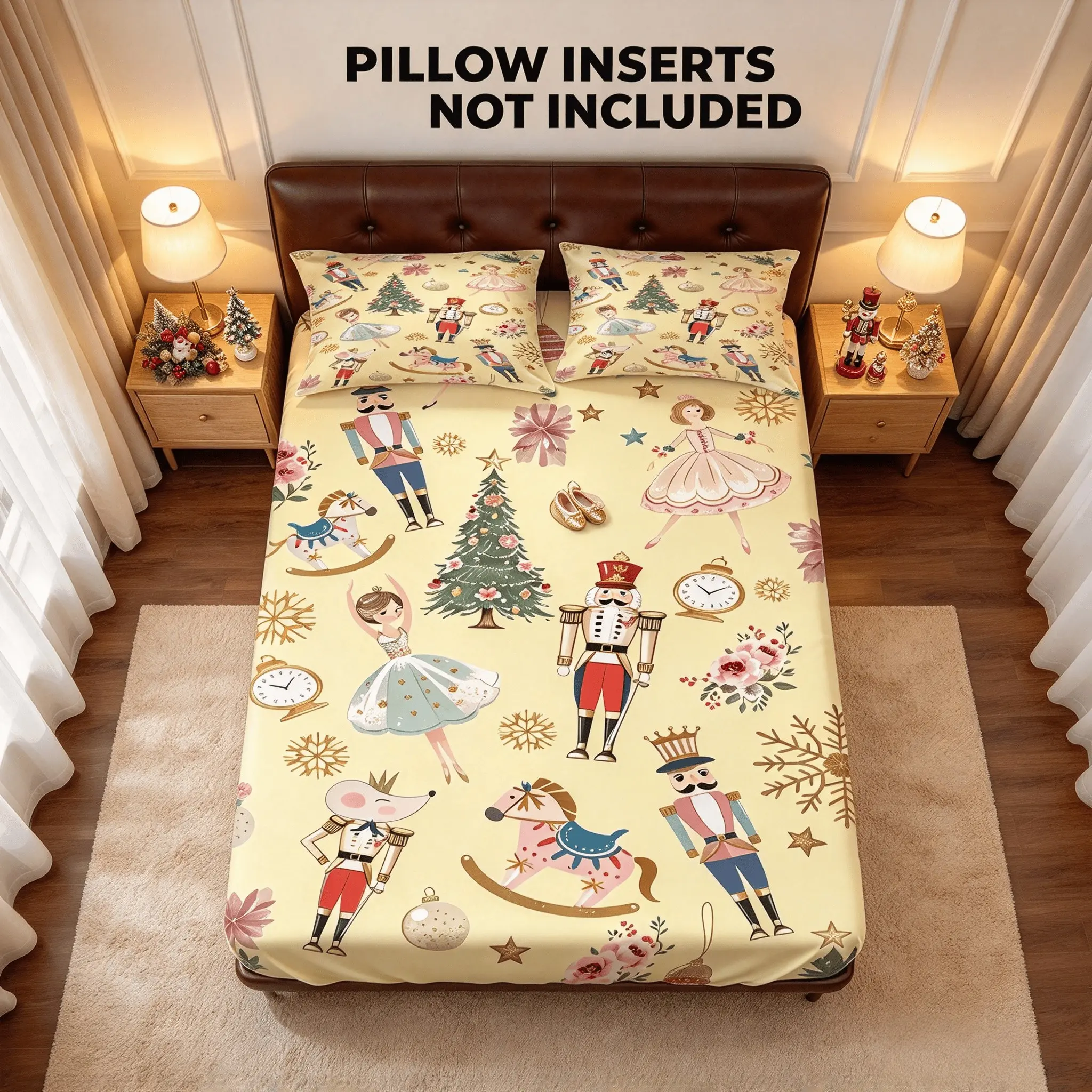 Christmas Nutcracker Print Fitted Sheet Set, 1 Fitted Sheet With 2 Pillow Shams, Deep Pocket Design, Soft Microfiber Bedding, Holiday Bedroom Decor, Pillow Inserts Not Included