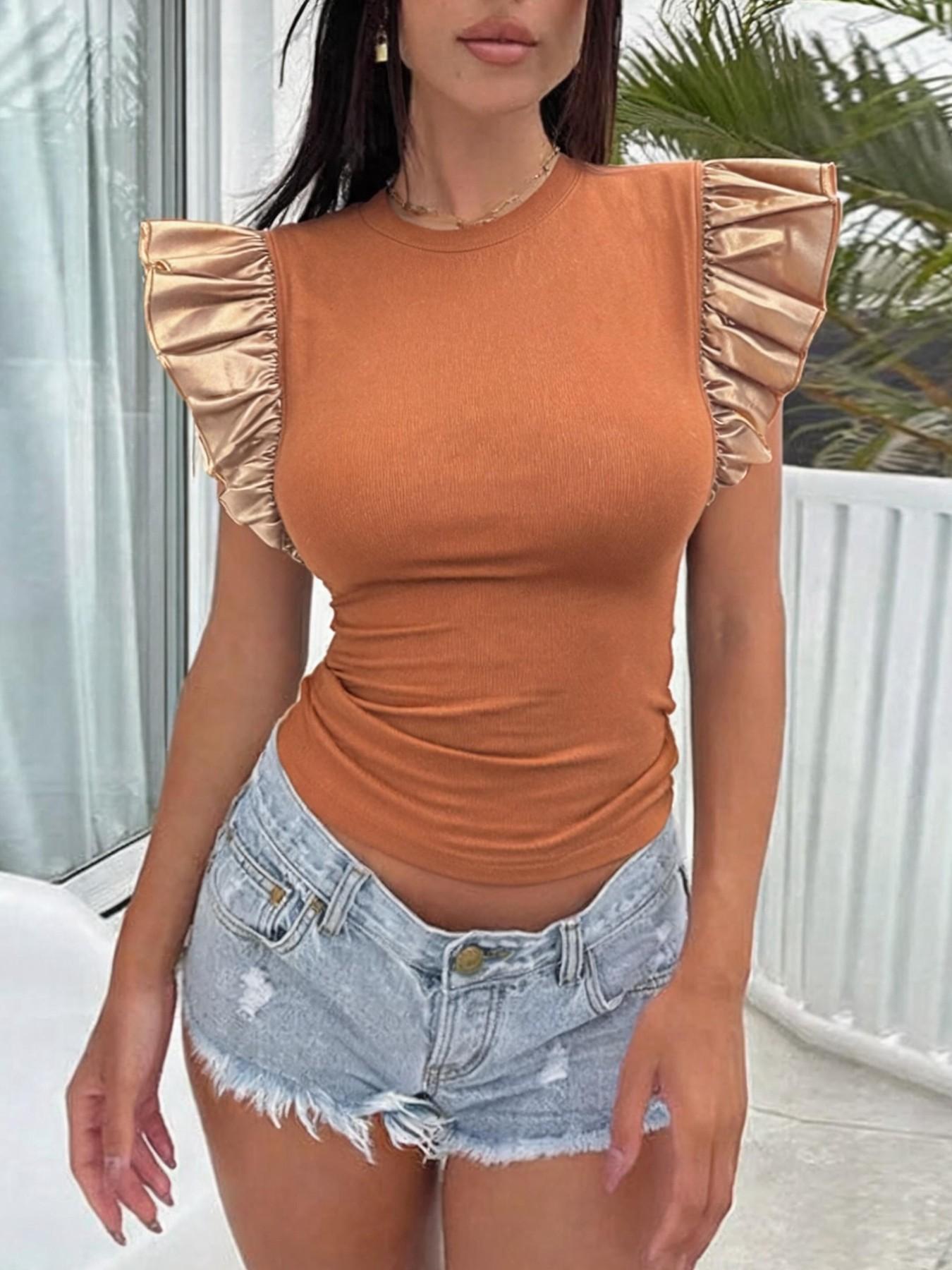 Women's Plain Ruffle Hem Round Neck Tee, Casual Short Sleeve T-shirt for Daily Wear Everyday, Ladies Clothes for All Seasons, Top