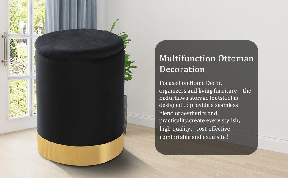 Velvet 23Qt Storage Ottoman Multipurpose Footrest Stool with Metal Base Modern Round Vanity Stool Chair Ottoman Foot Stools Support 300lbs Padded Seat for Living Room & Bedroom, Autumn, Winter, Warm