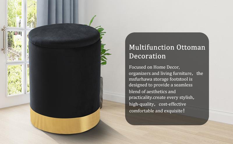 Velvet 23Qt Storage Ottoman Multipurpose Footrest Stool with Metal Base Modern Round Vanity Stool Chair Ottoman Foot Stools Support 300lbs Padded Seat for Living Room & Bedroom, Autumn, Winter, Warm
