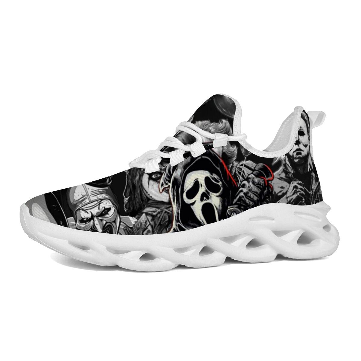 Halloween Dark Horror Mask Character Art Blade Sneakers Man Woman Hollow Wave Cushion Sole Mesh Running Shoes Monochrome Thriller Figure Collage Print Gothic Halloween Punk Casual Athletic Trainers For Men Women