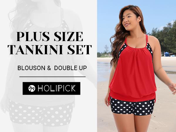 Holipick Flamingo Two Piece Plus Size Tankini Swimsuits for Women Tummy Control Bathing Suit Blouson Tankini Top with Boy Shorts
