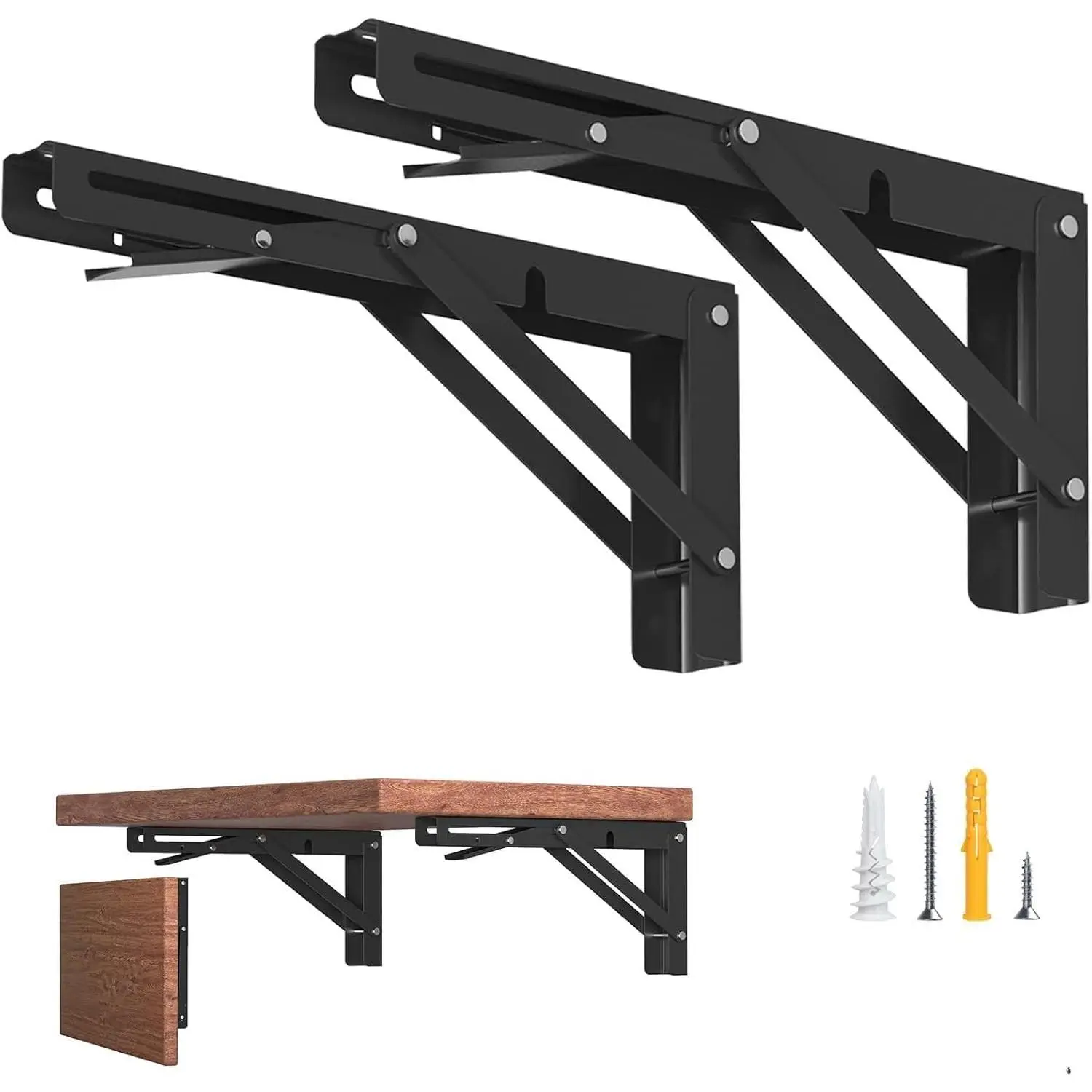 2 Pcs 10-Inch Heavy Duty Stainless Steel Foldable Shelf Brackets with Click Latch Lock & Release Handle, Collapsible for DIY Folding Shelves/Tables, 300lbs Max Load, Black