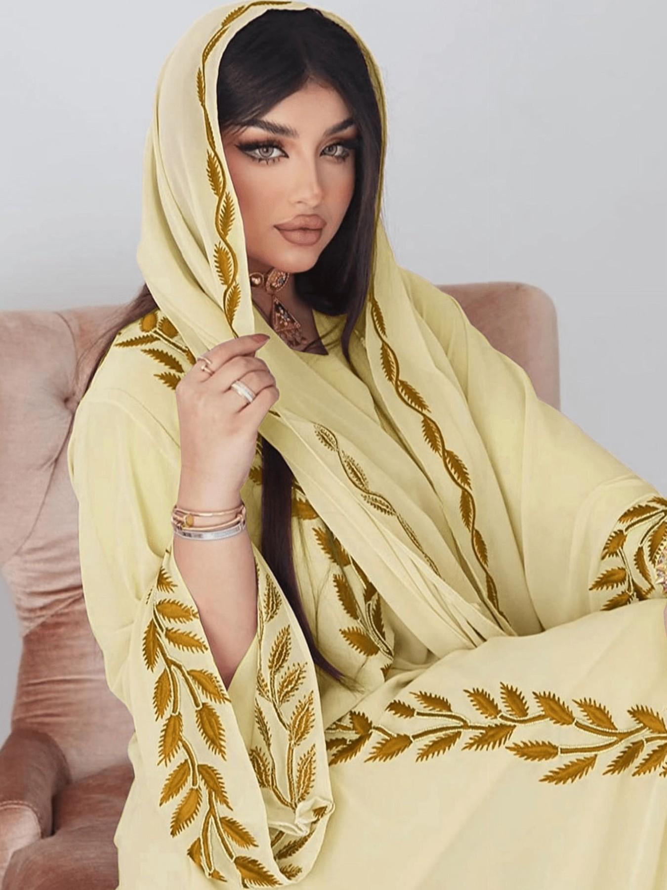 Hafizah Women's Long Ethnic Print Kaftan Dress, Leaf Print, V Neck, Flared Sleeves, Loose-Fit, All Seasons, Elegant Muslim Kaftan Dress Islamic Clothing, Party & Casual Wear