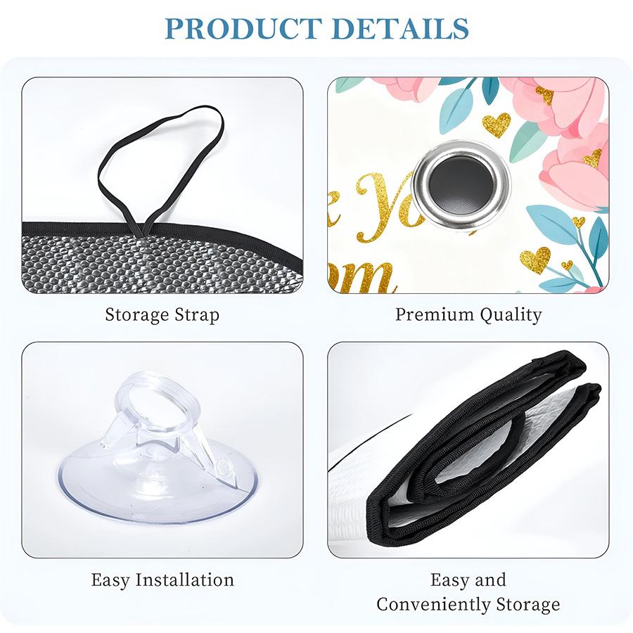 1pc Mother's Day Car Sunshade,Foldable Windshield Cover with Pink Flowers and Golden Hearts Design, UV Protection for Summer Driving, Beach Trips, Daily Commute, Easy to Store