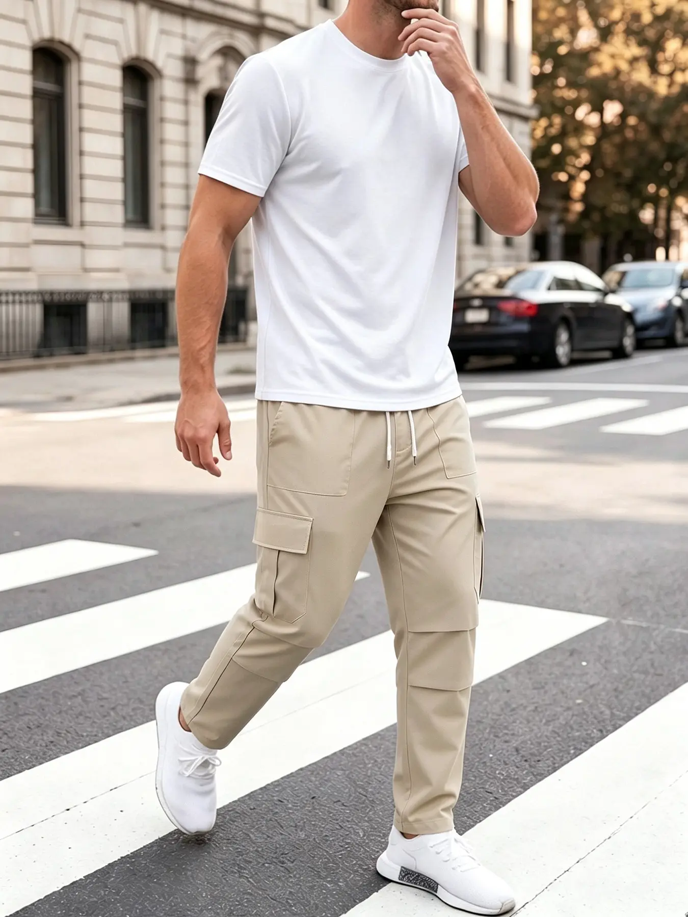 Men's Multi-Pocket Work Pants, Adjustable Drawstring Waist, Breathable Lightweight Fabric, Casual Straight Leg, Versatile Everyday Wear