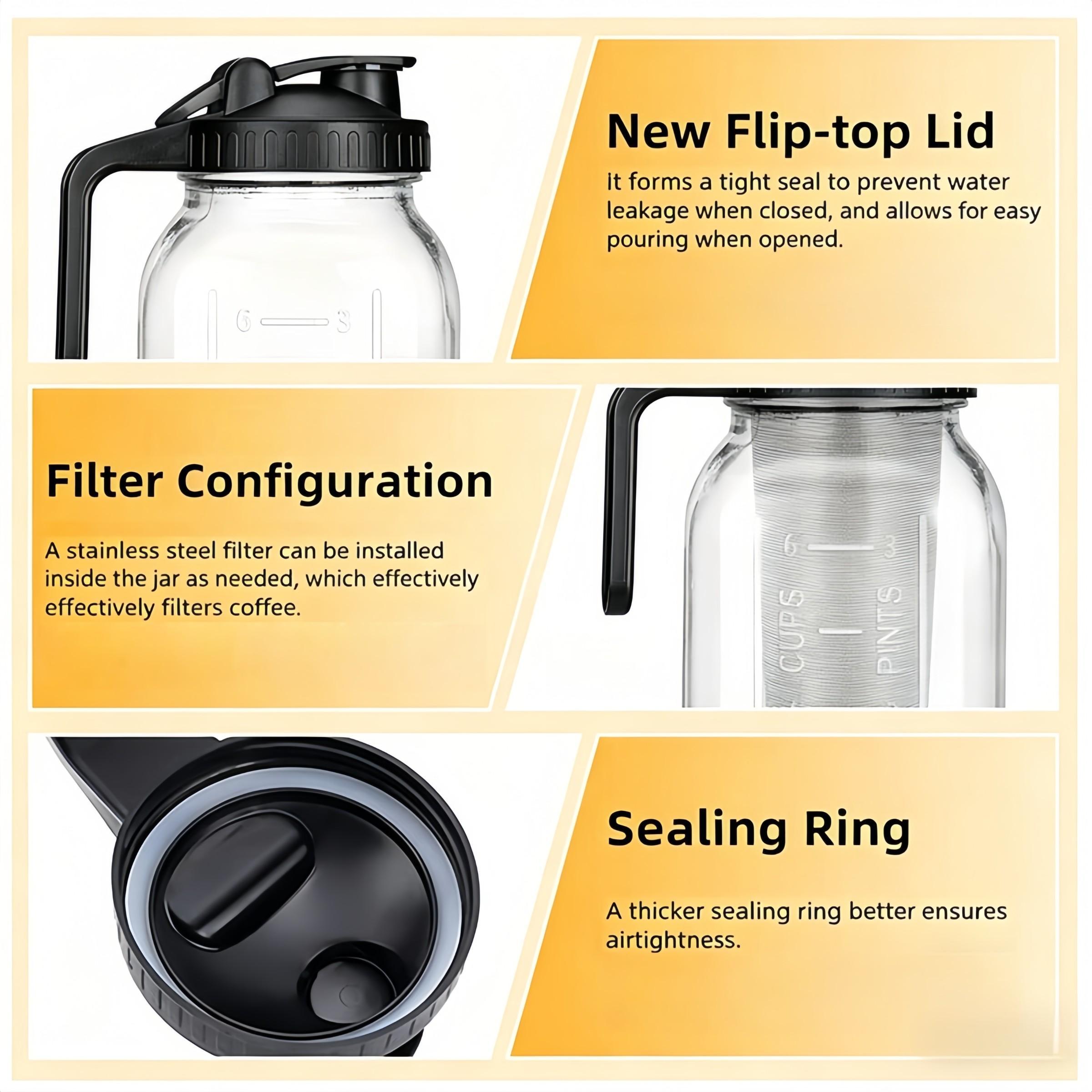 Bestseller 3PCS 64oz Glass Water Pitcher with Flip Top Lid and Handle Leakproof Wide Mouth Mason Jar Style Beverage Container with Scale for Cold Water Ice Water Cold Brew Iced Coffee Tea Juice Milk Homemade Drinks for Home Kitchen Fridge Office Picnic