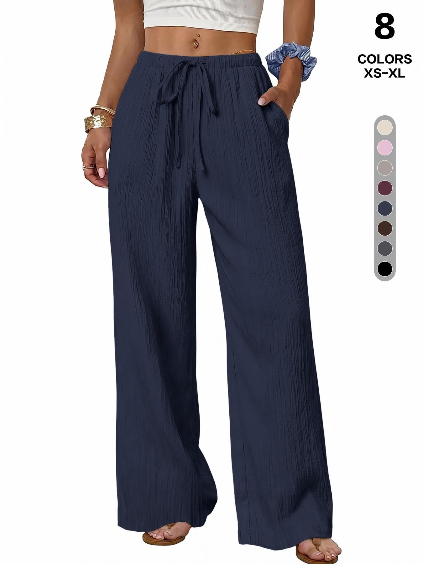 Women Casual Crinkle Fabric Loungewear Wide Leg Baggy Oversized Pants, High Waist Drawstring Loose Fit, Side Pockets, Breathable Soft, 8 Colors, XS-Xl