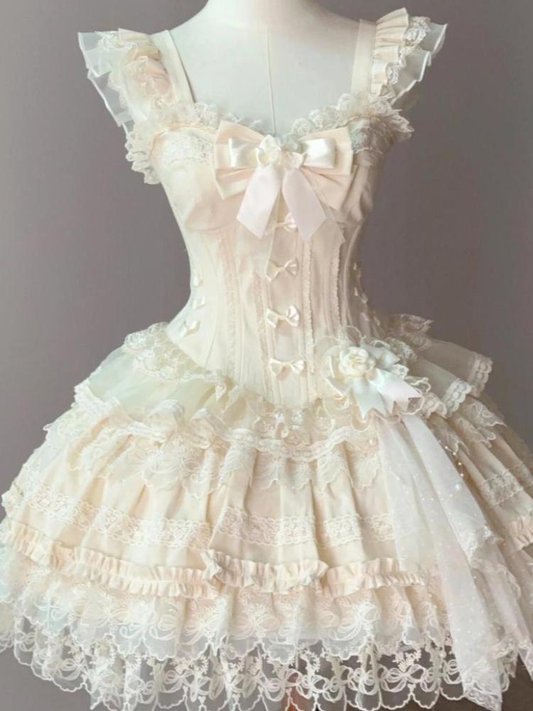Japanese Sweet Princess Lolita Elegant Woman Party Dress   Chic Bow Fairy Vintage Dress Slim Flower Lace Retro Outfits Summer