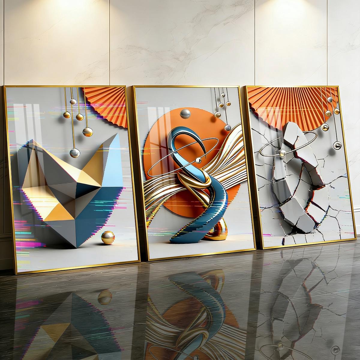 3 Counts Aluminum Alloy Framed Painting, Modern Geometric Abstract Art Pictures, Home Decoration For Living Room, Bedroom, Office, Restaurant, Hallway Wall Decor, Odorless Print Artwork, Luxury Perfect Gift For Friends And Family