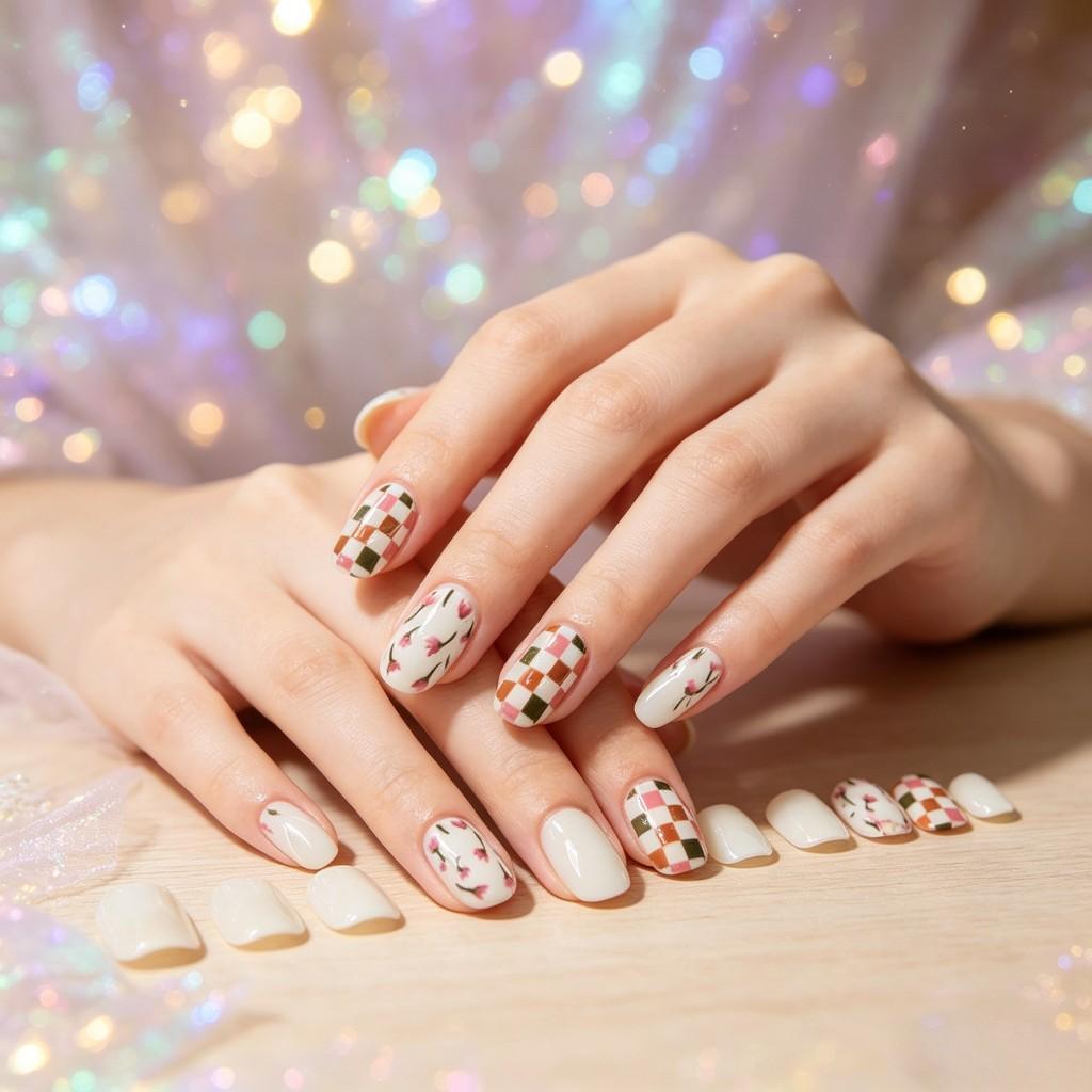 French Floral Nail Art Stickers, Sweet European Style Removable Nails, 24 Pieces, Elegant Grid Design, Perfect for DIY Manicure