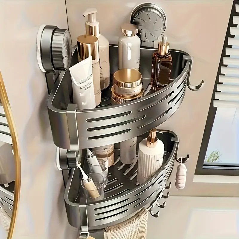 Space-Saving Suction Cup Bathroom Shelf - No Drill Adhesive Installation, Sturdy Triangular Hooks with Suction Cup Mount, Heavy-Duty Plastic Corner Shower Organizer with Upper Shelf & Lower Storage, Space-Saving Bathroom Storage Shelf for Shower