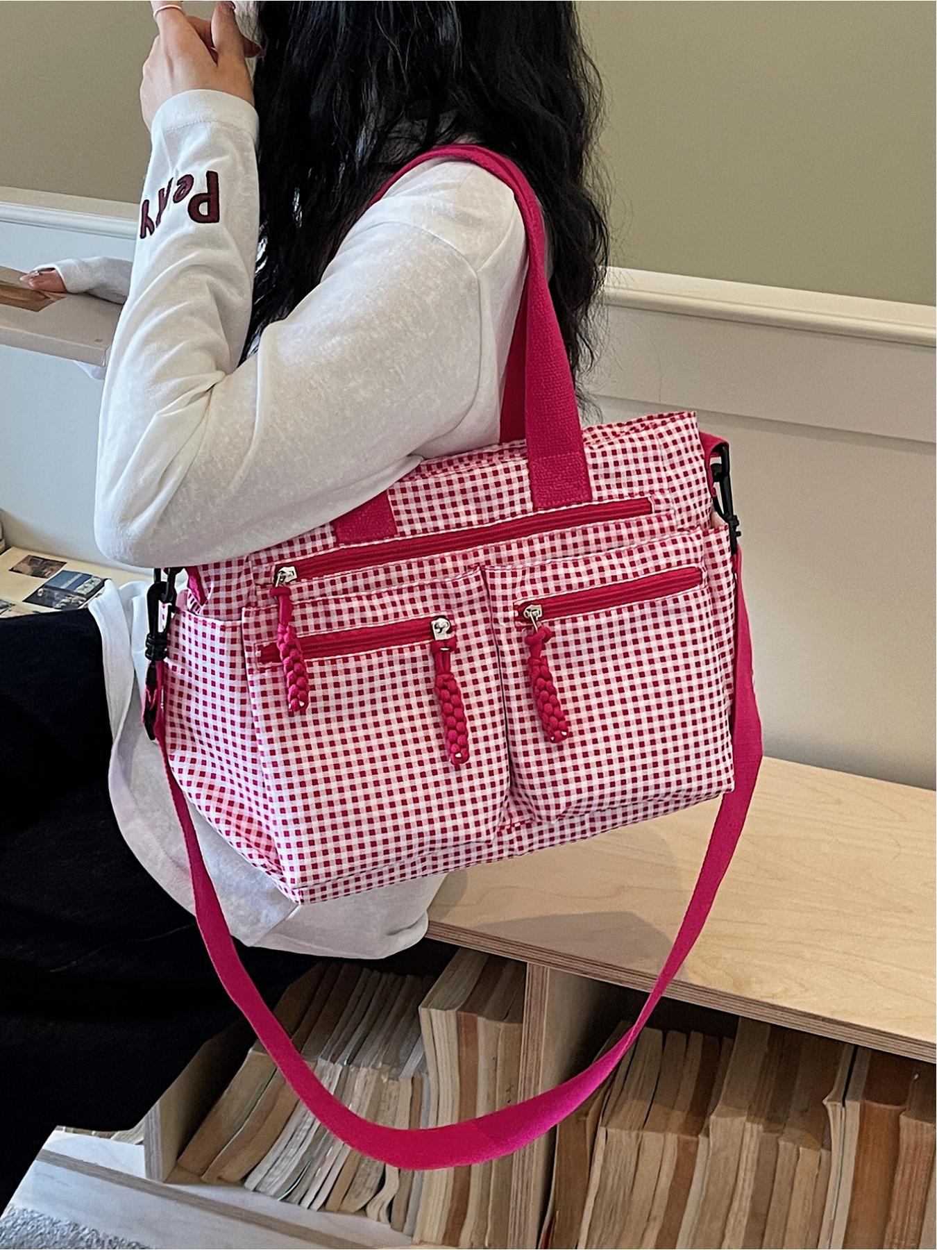 Large capacity plaid multi pocket tote bag, retro street style drawstring design, single shoulder bag, workwear style crossbody bag, adjustable shoulder strap, daily leisure, work, commuting, armpit bag