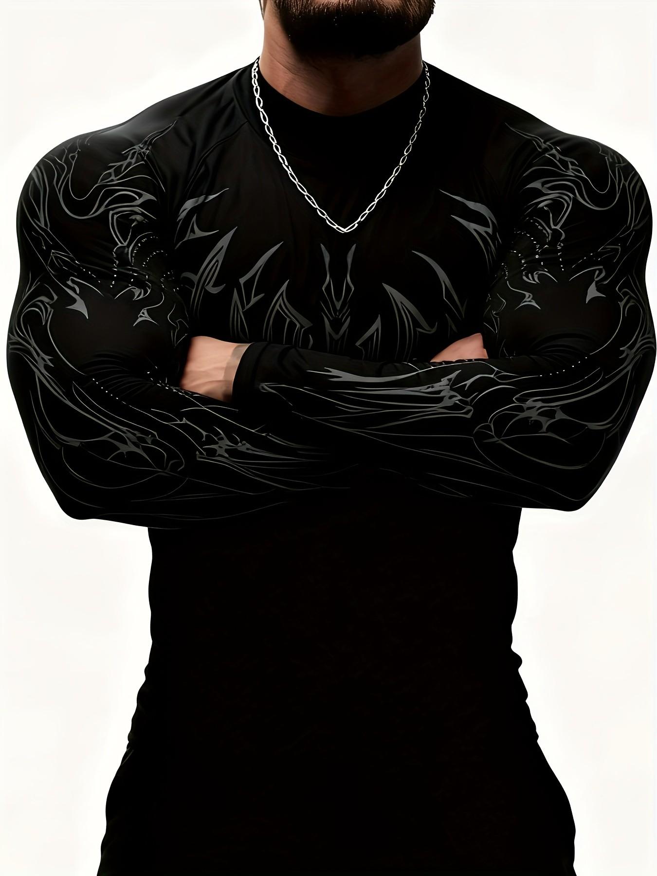 Men'S Gym Wear Compression Long Sleeve Shirt - High Neck Muscle Fitness Tee with Geometric Print, Contrast Design, Stretchy & Slim Fit for Gym, Running, Sports Apparel, Athletic Compression Shirts | Athletic Shirt