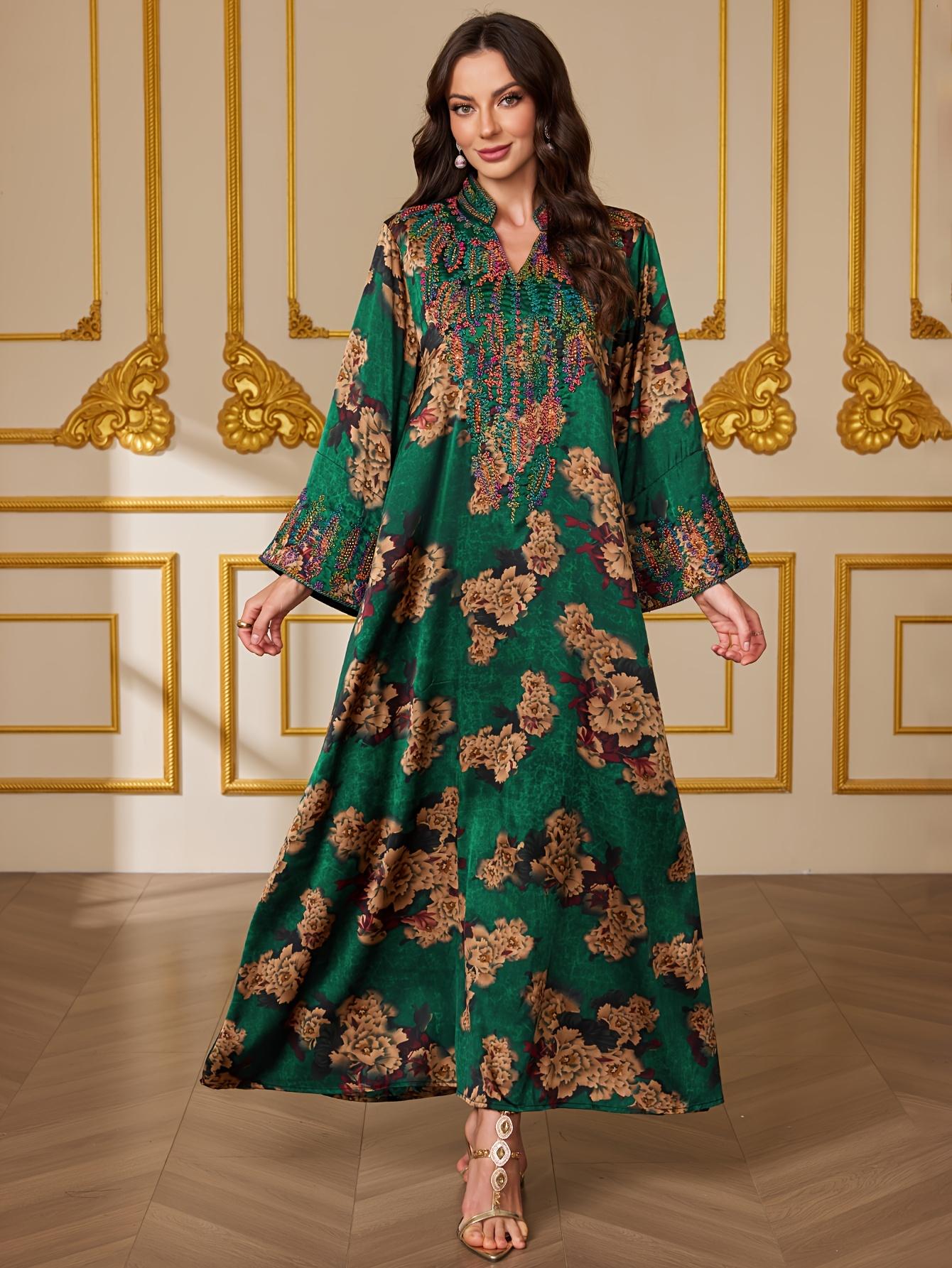 Middle Eastern Muslim Fashion Abaya, V-Neck Embroidered Ethnic Long Sleeve Islamic Embroidery Abaya Dress, Modest Style, All Seasons Fitted Glossy Fabric, 103375 Model