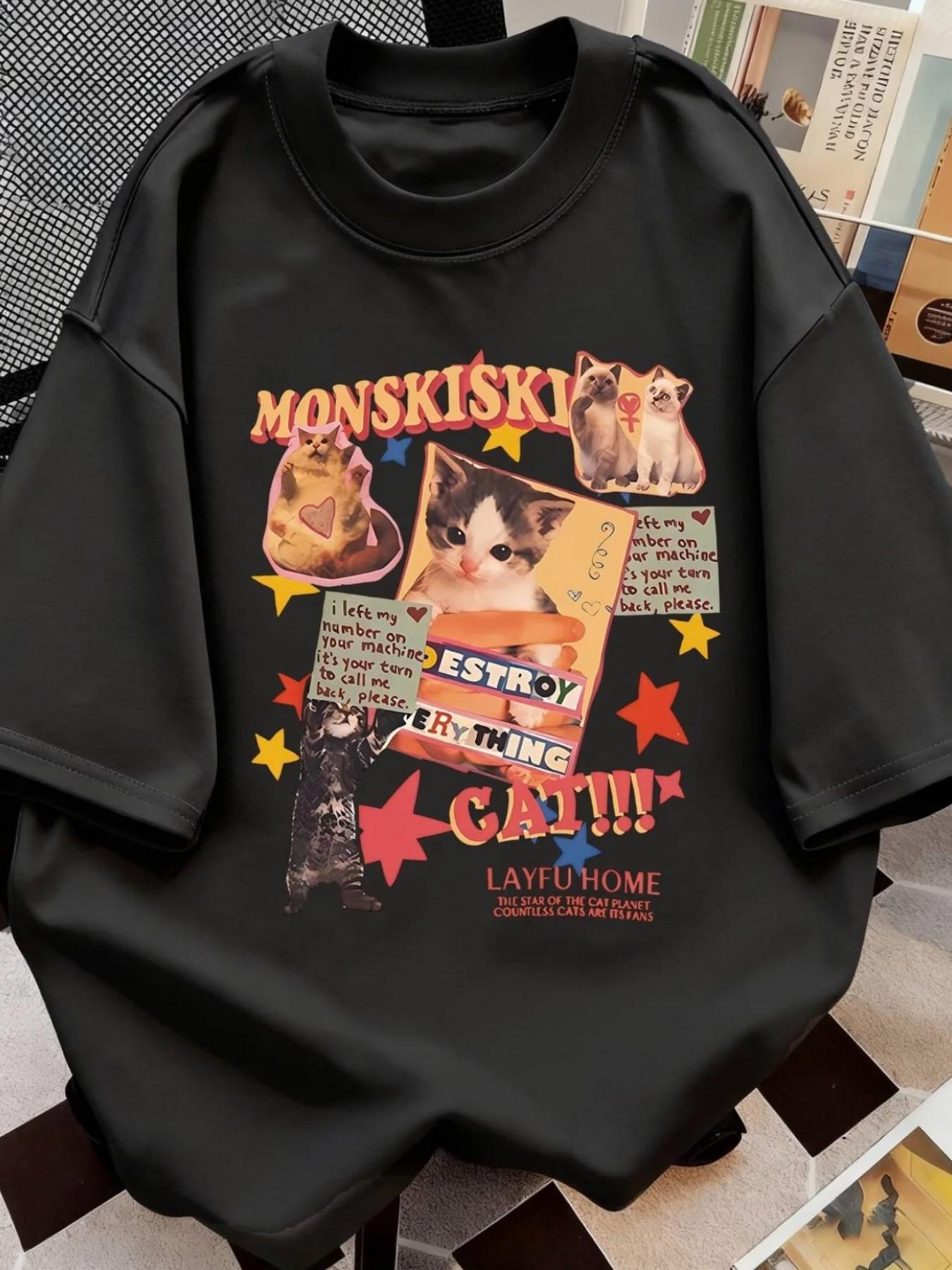 Vintage Cat Patchwork Print Short Sleeve T-Shirt, American Sweet Cool Cat Lovers Style, Loose Fit Half Sleeve, Unisex Casual Top