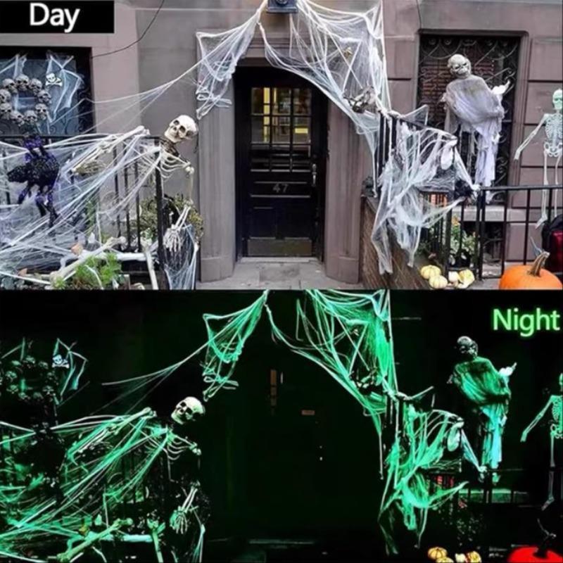 Glow-In-The-Dark Spider Webs with 10 Fake Spiders, Super Elastic Polyester Halloween Decor, Reusable Nighttime Glow Effect, No Power Needed