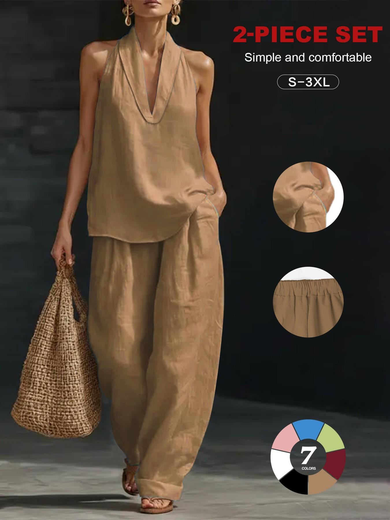 2026 Women's Linen Set, 2-Piece, Halter V-Neck Top, High-Waist Wide-Leg Pants, Casual Summer Beach Loungewear, Comfortable & Stylish