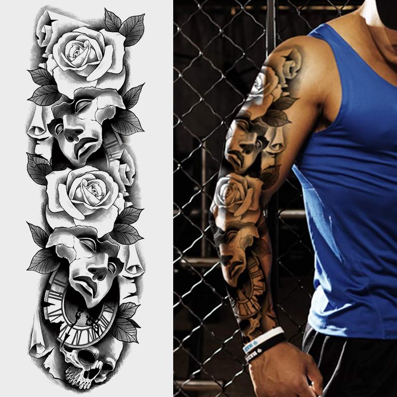 4 Sheets Full Arm Temporary Tattoo Stickers, Waterproof Floral Clock Rose Gothic Skull Tattoo Body Art Tattoos, Realistic Long-Lasting Fake Tattoos for Men Women
