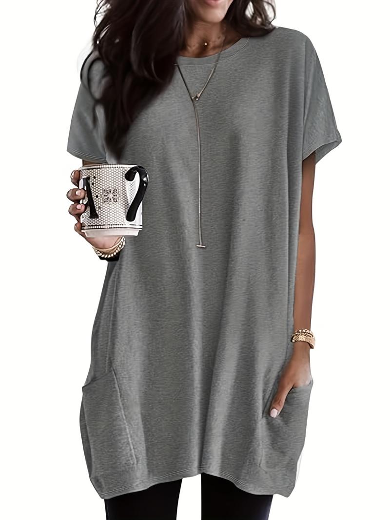 Women's Plain Pocket   Tee, Casual Short Sleeve T-shirt for Daily Wear, Ladies Loungewear Tops for All Seasons
