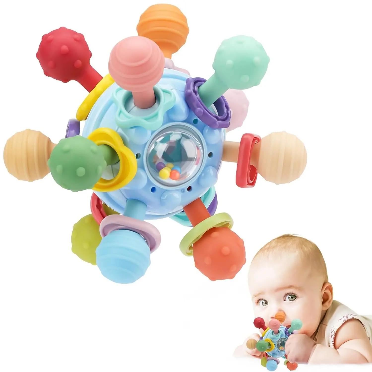Montessori Sensory Teething Toy for Babies 0-12 Months, Teether Ball & RattleGift