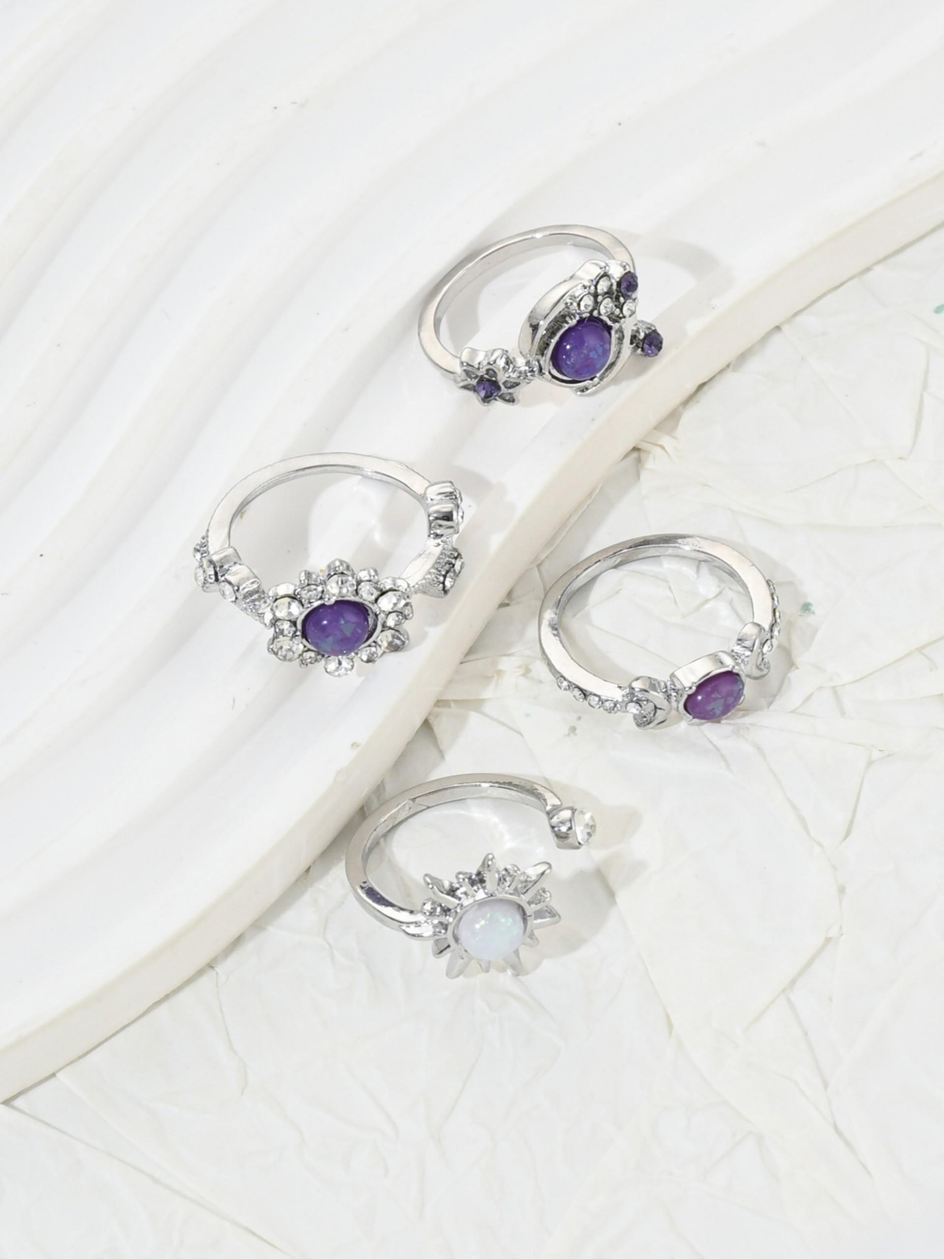 Fashionable Gemstone Ring Set, Sun Moon Diamond Accent Luxury Geometric Rings, High-End Style Jewelry for Women