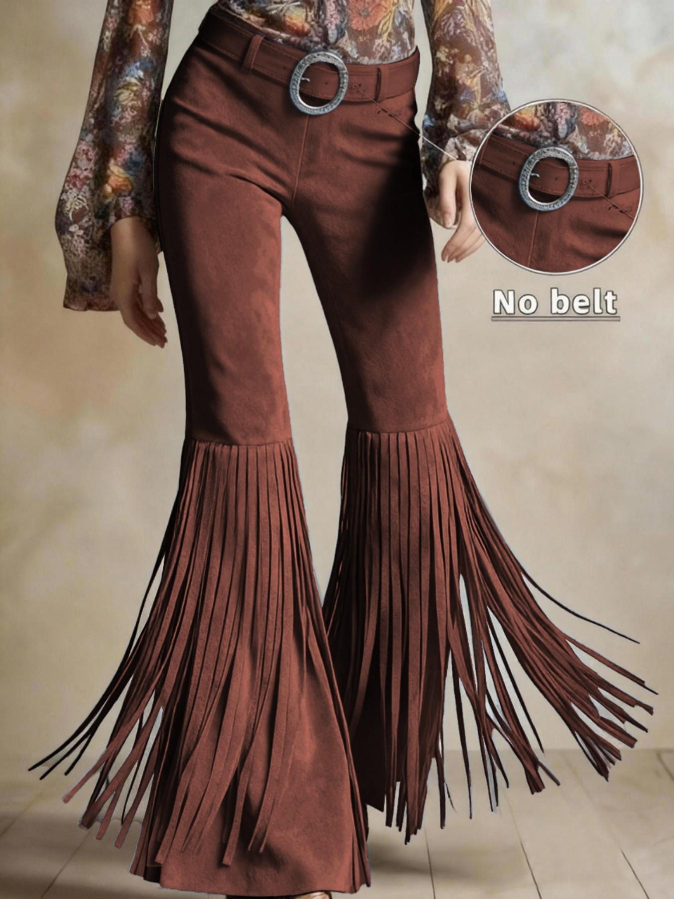 Women's High Waist Fringe Flare Pants, Retro Western Bell Bottom Trousers, Bohemian Casual Outfit, Ladies Fashion Pants, Womenswear, Vintage Fringe Pants for Party & Daily Wear