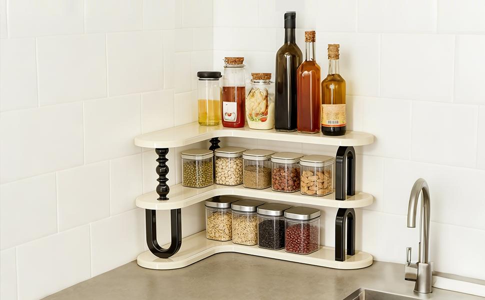 Countertop Organizer Storage Rack, Three-Layer Adjustable Corner Shelf, Ideal for Kitchen Bathroom Spice Rack Coffee Area Sink Top Vanity, Bathroom Organization