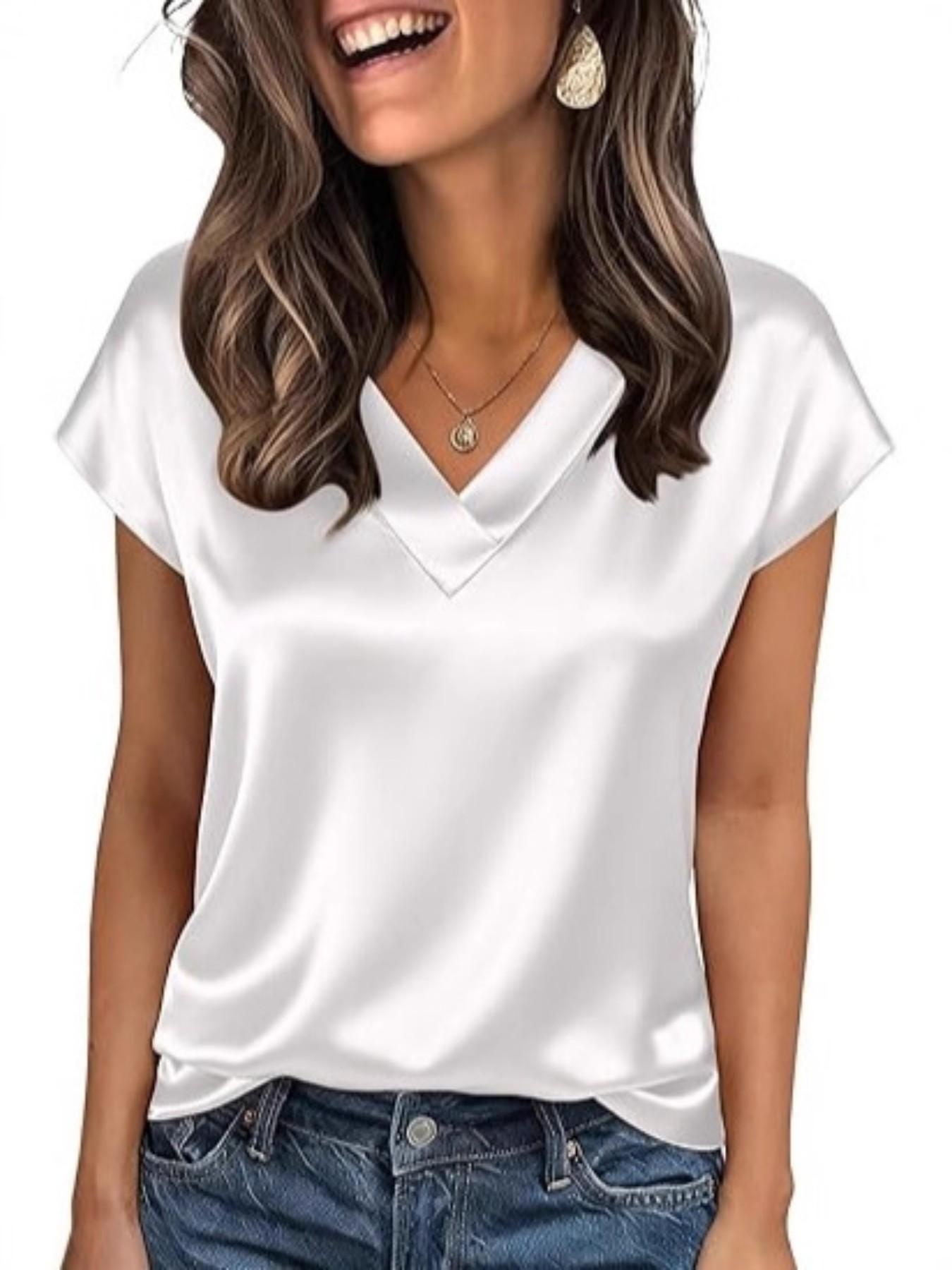 2026 Women Silk Satin Smooth Tops Cap Short Sleeve Blouse V Neck Shirts Business Casual Loose Elegance Outfits hot