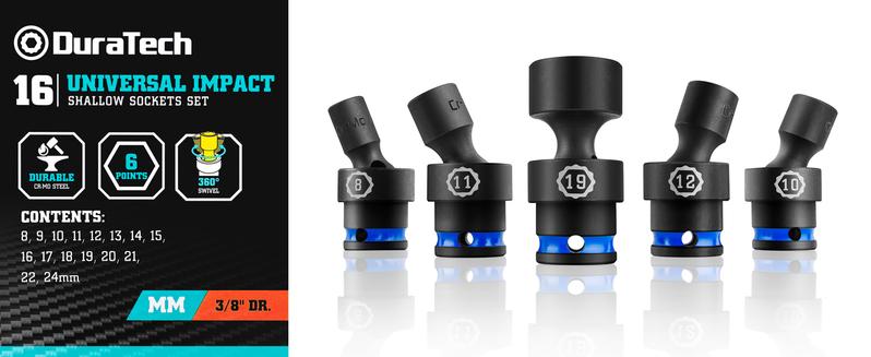 #JumpstartSale DURATECH 3/8" Drive Impact Universal Joint Socket Set, Swivel Socket Set, 16-Piece, Metric, 8-24MM, Cr-Mo Steel, Organized in EVA Foam Organizer