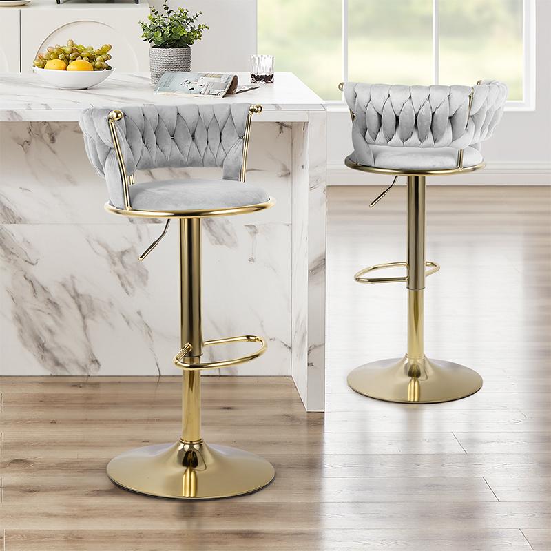 Velvet Bar Stools Set of 2, Modern Upholstered Swivel Bar Chairs with Adjustable Height and Low Back, 360° Gold Base Counter Height Stools for Kitchen Island, Bar or Pub