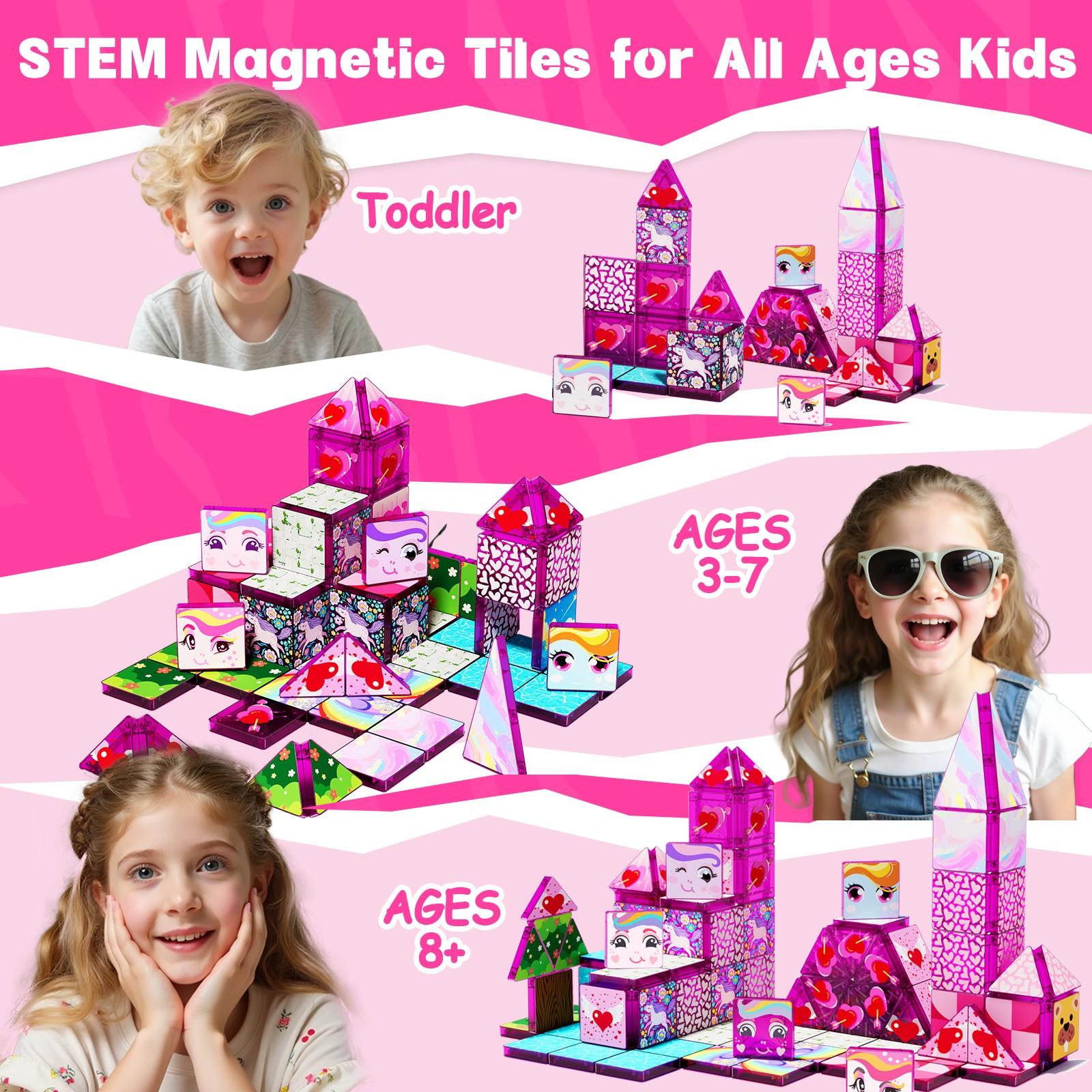 【New Sticker Set】60PCS,1.48inch Creative Sticker Magnetic Tiles,My Little Pony，Magnet Building Blocks Cubes Construction Stacking Educational Assembly Toy Preschool STEM Play Creative Playboard for Toddler Kids Ages 3+,Kids Toys best gift