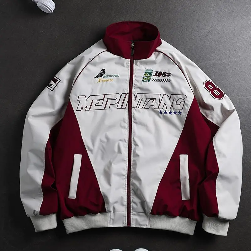Men Racing Color Block Track Jacket, Stand Collar Full Zip Windbreaker with Letter & Number Patch Print, Burgundy White Striped Elastic Cuff Hem Lightweight Windproof Hip Hop Street Athletic Outerwear