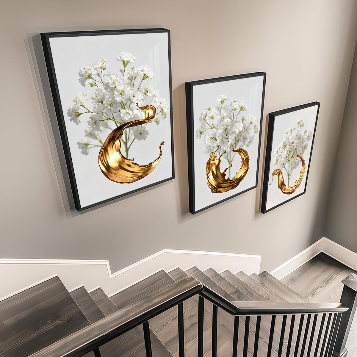 3 Counts Aluminum Alloy Framed Painting, White Flowers With Golden Liquid Art Pictures, Home Decoration For Living Room, Bedroom, Office, Restaurant, Hallway Wall Decor, Odorless Print Artwork, Luxury Perfect Gift For Friends And Family