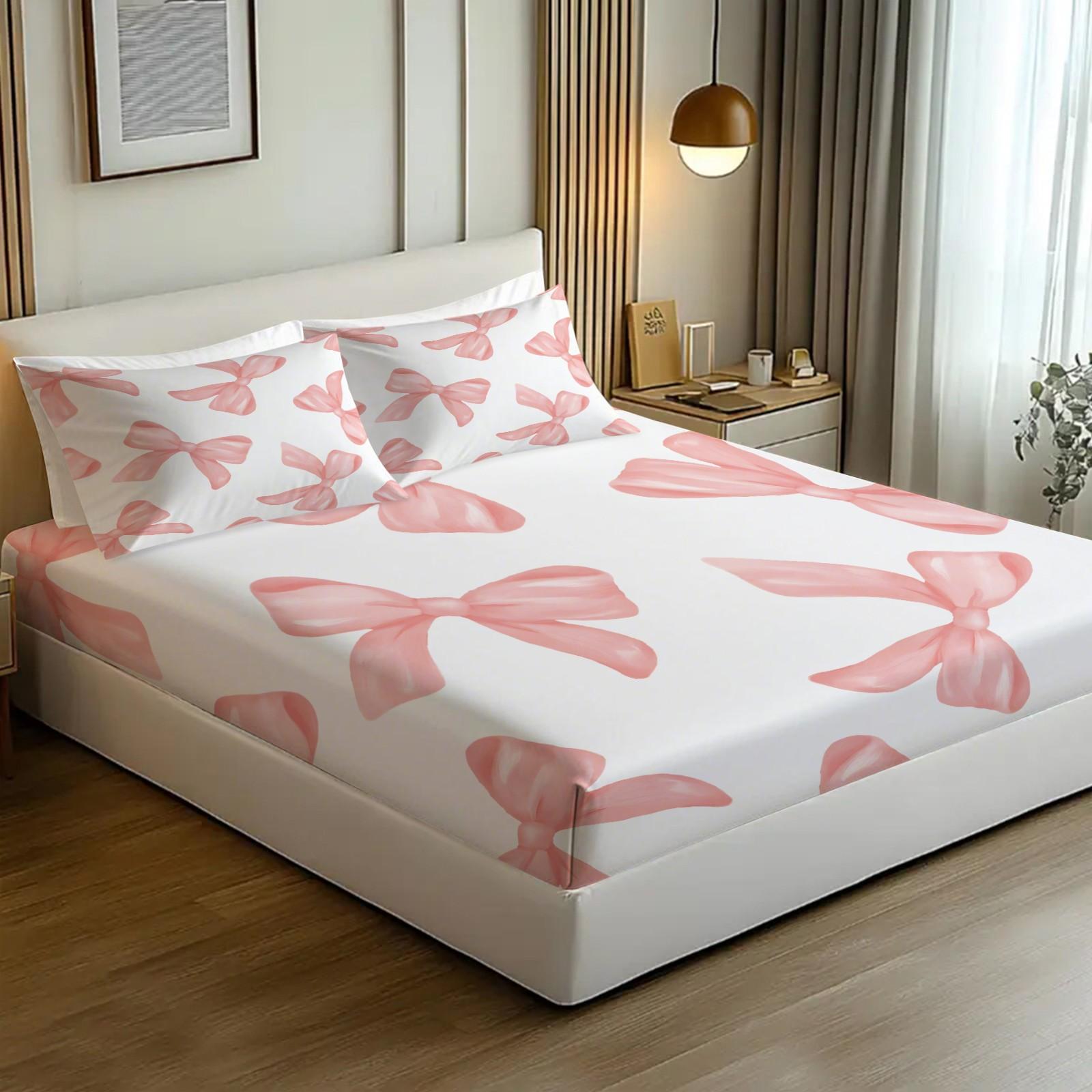 Y2K Watercolor Nude Pink Bow Microfiber Fitted Sheet Set, Soft Comfy Bedding, Includes 1 Fitted Sheet & 2 Coreless Pillowcases, Soft, Breathable Fabric, Deep Pocket Anti-Slip All Season Bedding Set, Princess Style Bedroom Decor