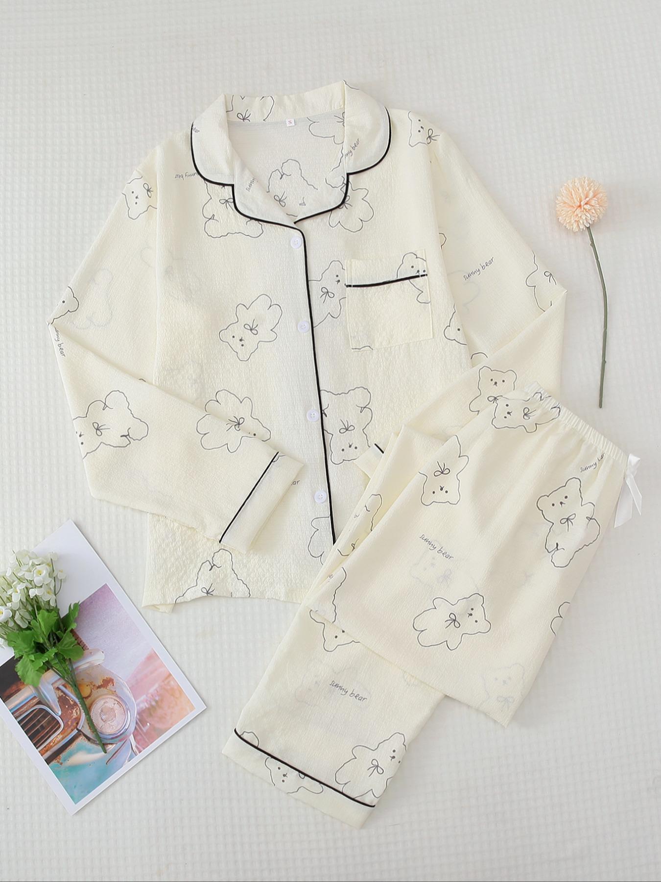 Women's Button Front Blouse & Bow Front Contrast Binding Pants Pyjama Set, Casual Long Sleeve Lapel Top & Trousers, Summer Outfits 2024, Sleepwear for Spring & Fall, National Day Offers