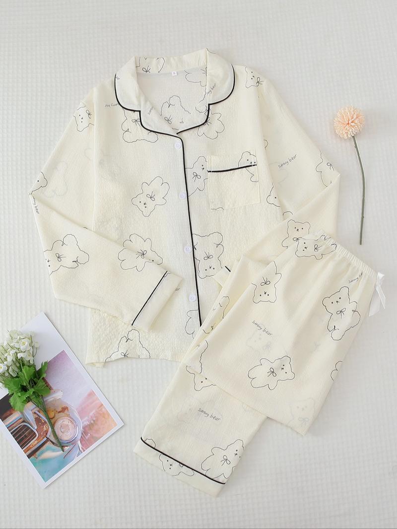 Women's Button Front Blouse & Bow Front Contrast Binding Pants Pyjama Set, Casual Long Sleeve Lapel Top & Trousers, Summer Outfits 2024, Sleepwear for Spring & Fall, National Day Offers