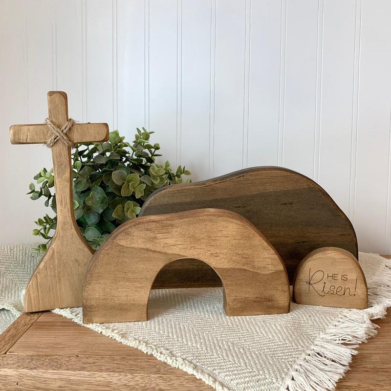 Empty Tomb Display Easter Decor, Christian Resurrection Scene Creche Decoration, He Is Risen Jesus Tomb Ornament for Farmhouse, Tiered Tray and Fireplace