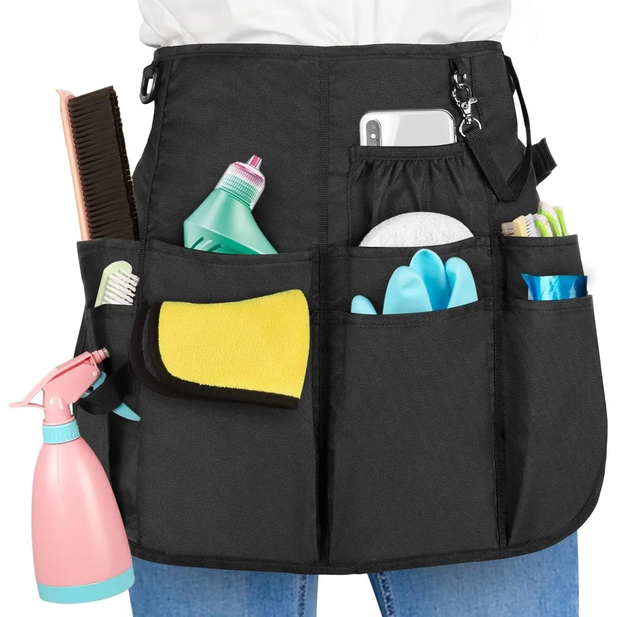 Professional Cleaning Apron with 9 Pockets, Adjustable Waist Belt, Black, Tool Caddy for House, Hotel, DIY Repair, Home Repair Work, for DIY Repair and Home Improvement