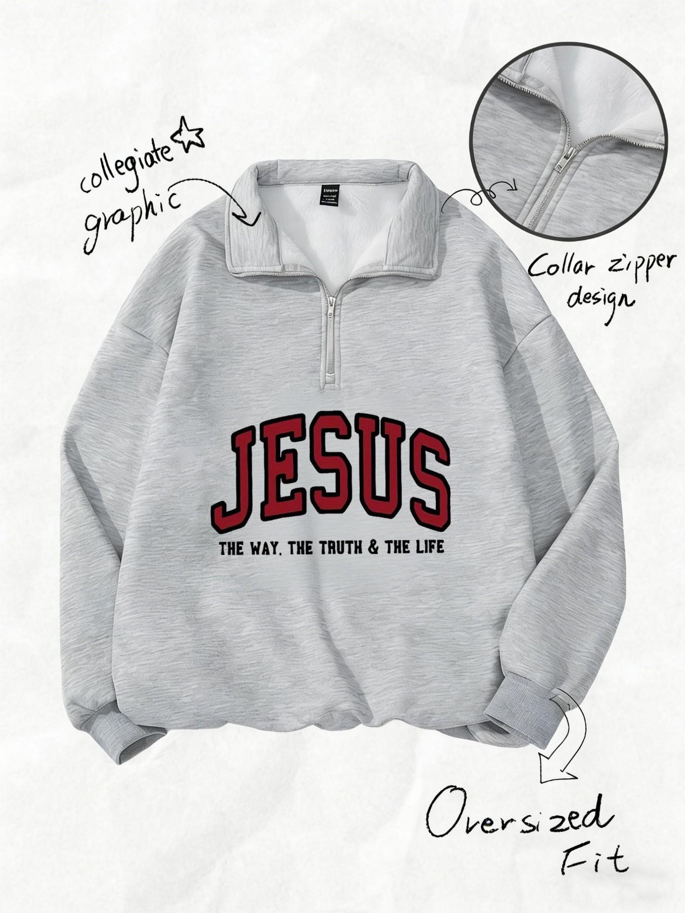 "JESUS" Aesthetic Half Zip Oversized Long Sleeve Sweatshirt, Y2K Christian Graphic Hoodie, Cozy Fleece Drop Shoulder Pullover, Vintage Washed Finish, Daily & Streetwear, Religious Print Top, Casual Pullover Tops, Womenswear