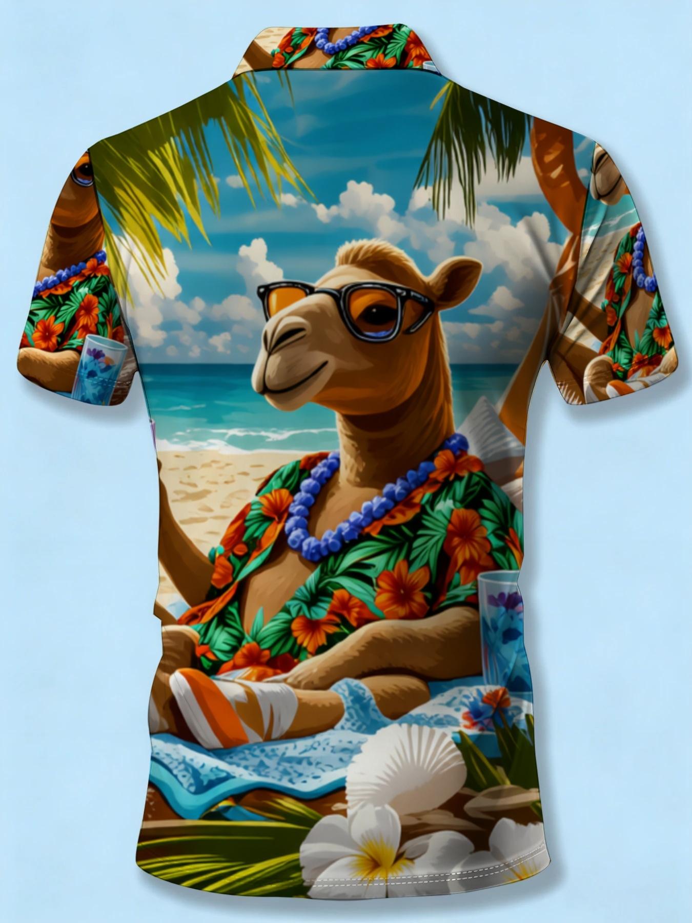Short Sleeve Polo Shirt with Tropical Camel Pattern, Men's Hawaiian Printed Beach Casual Wear, Summer Vacation Apparel