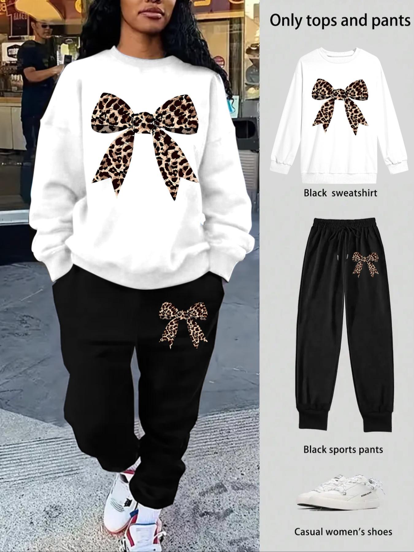 Women's Leopard Bow Print Sweatshirt Set, Long Sleeve Round Neck Top, Drawstring Pants, Casual Fitted for Fall Winter