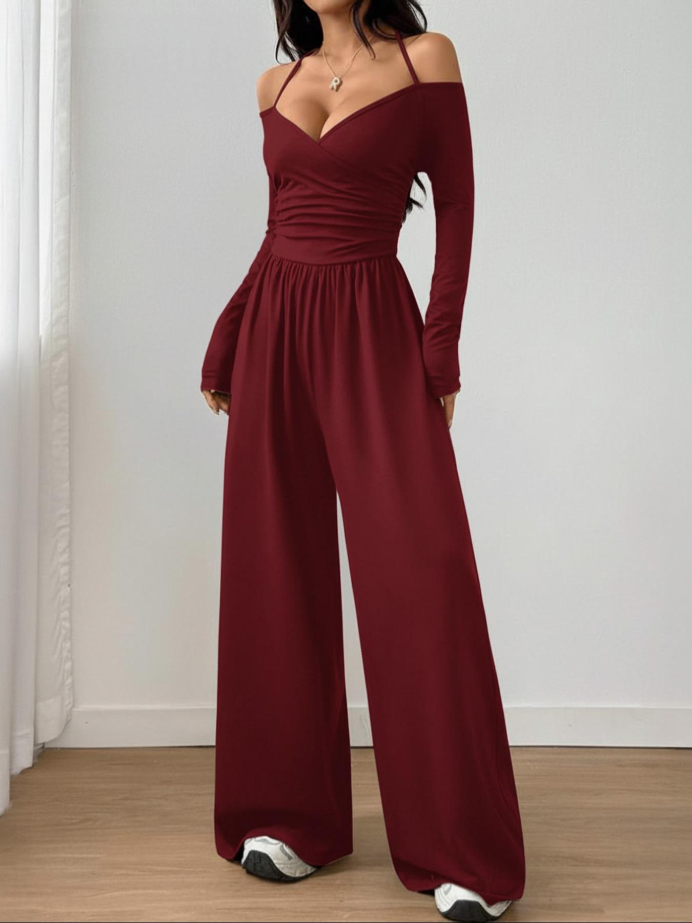 Women's Casual Solid Color Ruched Wide Leg Jumpsuit with Halter-Neck, Stylish and Comfortable Jumpsuit for Daily Wear Women's Casual Solid Color Ruched Wide Leg Jumpsuit with Halter-Neck, Stylish and Comfortable Jumpsuit for Daily Wear