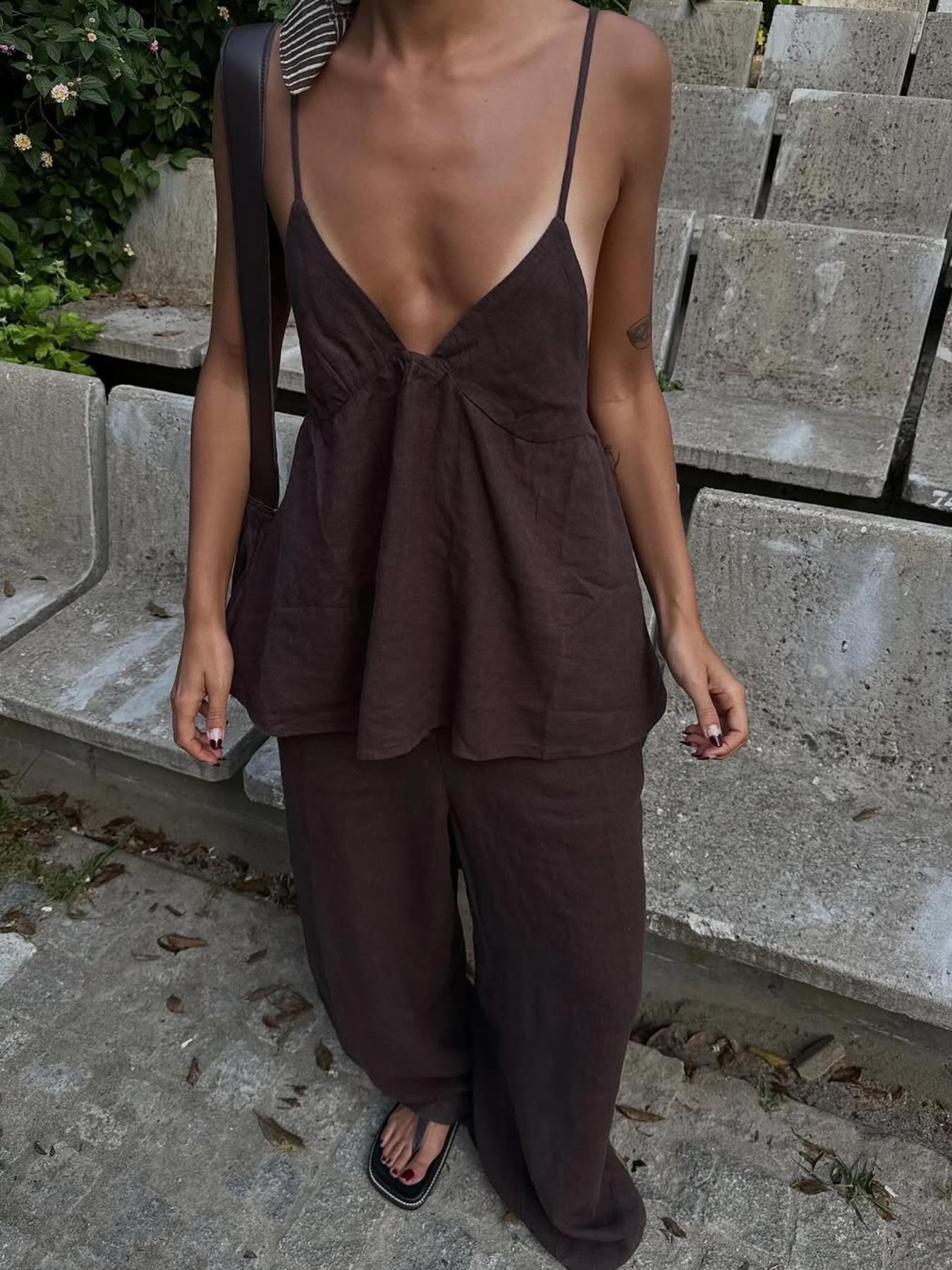 Fashion Casual Vacation Style Deep V Backless Crop Top and Wide Leg Pants Set, Womenswear Sleeveless Fitted H-Type, Long Regular Length, Natural Waist